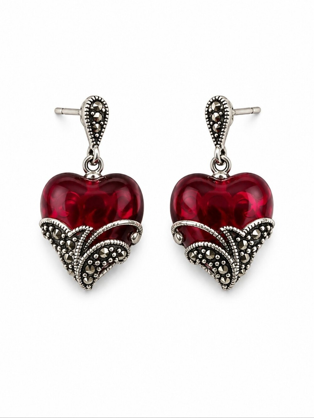 Ross Simons Vintage Style Sterling Silver Red Glass Marcasite Drop Post Earrings